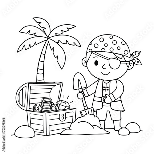 A cheerful young pirate boy with an eyepatch digging treasure next to an open chest filled with coins and gems