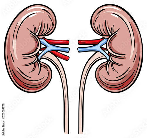 Vivid medical illustration of a pair of human kidneys showing blood vessels and connecting ureters