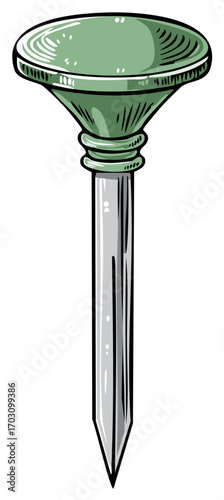 Green tack with a flat circular head and a sharp point, a design element representing construction and woodworking