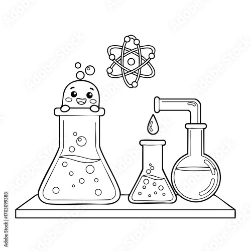Cute cartoon chemistry laboratory glassware with happy bubbling flask and atomic symbol illustration