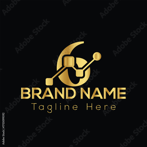 Golden number 6 logo with circuit board elements and text placeholders for brand name and tagline