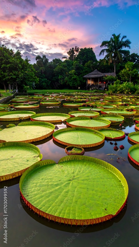 Fototapeta premium Lush lotus pond at sunset