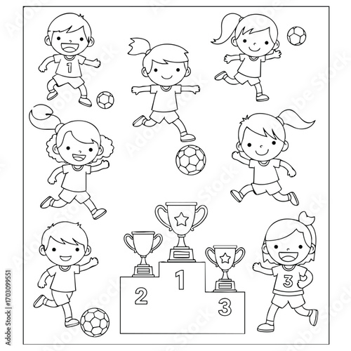 Illustration of happy children playing soccer around a winners podium with trophies in a playful sports scene