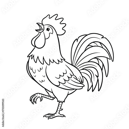 Detailed black and white line drawing of a rooster crowing with one leg raised and elaborate tail feathers