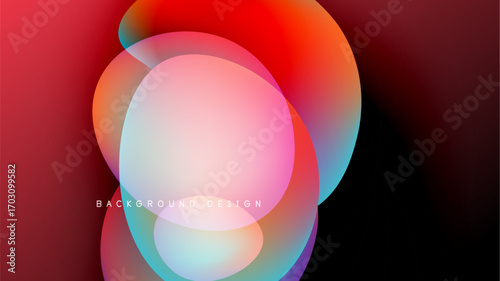 Abstract colorful shapes overlap, creating vibrant gradients. Background is black, design feels modern, fluid.
