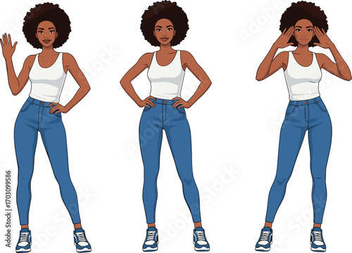 Young African American woman showing different gestures and expressions, casual outfit, confident poses, cartoon style isolated illustration