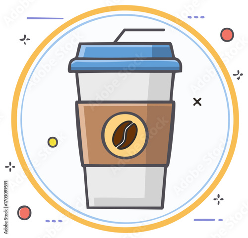Disposable coffee cup illustration with lid and straw for hot beverages