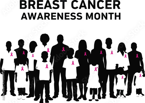 Breast cancer awareness month illustration, encouraging support, early detection, and research for a cure