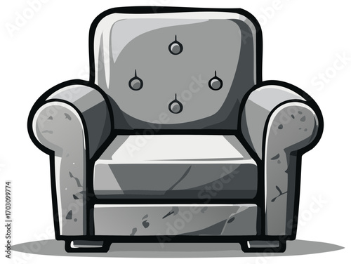 Upholstered armchair stands with buttons and cushion in gray tone offering comfortable seating and interior design