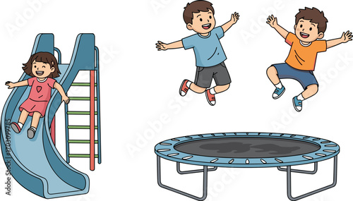 Children playing on slide and trampoline, happy kids jumping and sliding, outdoor playground fun, cartoon style illustration, active kids.