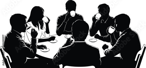 Silhouette of people sitting around a table drinking coffee