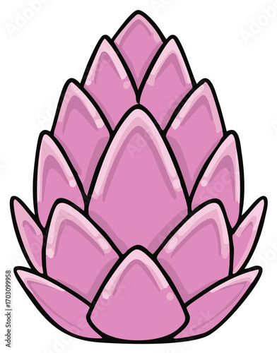 Stylized Pink Artichoke Illustration Isolated on White, Textured with Black Outline