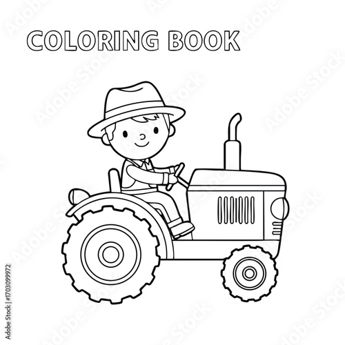 Black and white coloring book illustration of a child wearing a hat driving a tractor on a farm vehicle