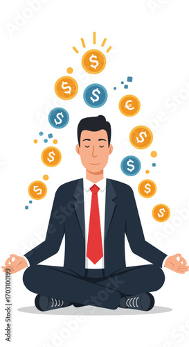 Concept of financial wellness and wealth mindset, with a businessman meditating calmly in a lotus pose surrounded by floating money coins