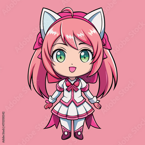 Cute cartoon cat girl idol wearing bow costume in bright flat illustration