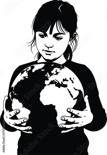 Girl holding earth in her hands concept of environmental protection and care