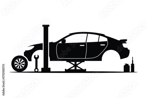 Black car lifted on hydraulic lift with tools vehicle repair