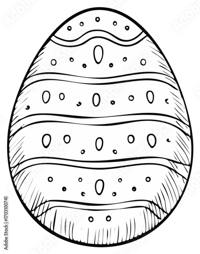 Black and white hand drawn Easter egg with decorative patterns for coloring book design