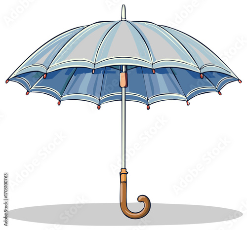 Isolated blue umbrella on white background with brown handle and gray shades