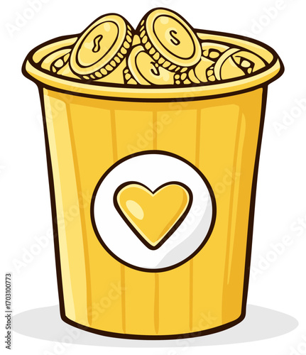 Yellow bucket overflowing with golden coins and a heart symbol illustration