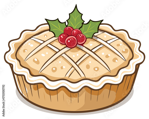 Festive cartoon pie with lattice crust and holly berry garnish for celebrations and winter desserts