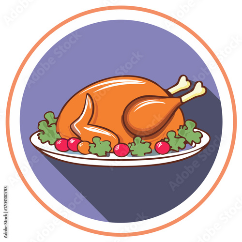 Festive roasted turkey illustration on platter with salad and vegetables for Thanksgiving