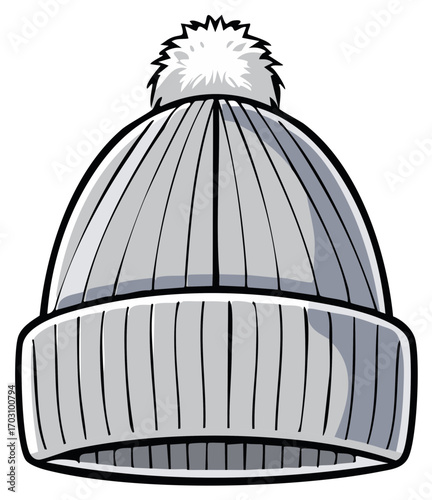 Grayscale cartoon illustration of a ribbed knit winter hat with a pom-pom on top.