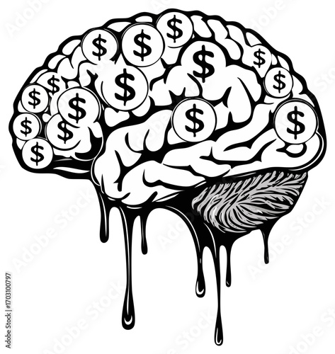 Melting Brain with Dollar Signs, Concept of Greed, Financial Thinking and Economic Anxiety, Black and White Illustration