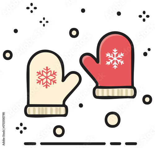 Pair of Cozy Mittens with Snowflakes in a Winter Theme
