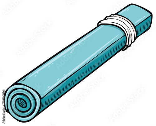 Turquoise yoga mat rolled and strapped for transport or storage