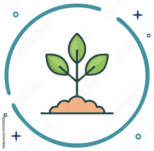 Growing Plant Illustration with Leaves Sprouting in Soil Surrounded by Teal Circle