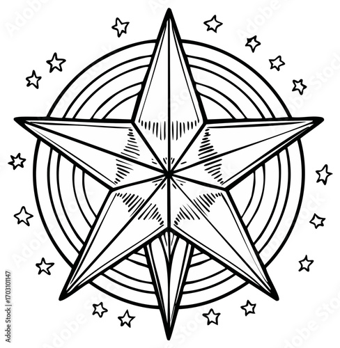 Classic five pointed starburst emblem with surrounding star shapes and concentric circles