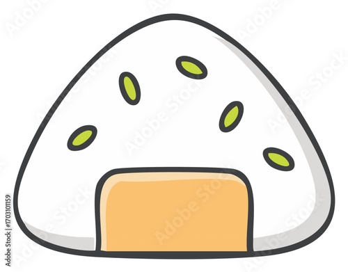 Hand Drawn Onigiri Rice Ball with Filling and Green Seeds Illustration