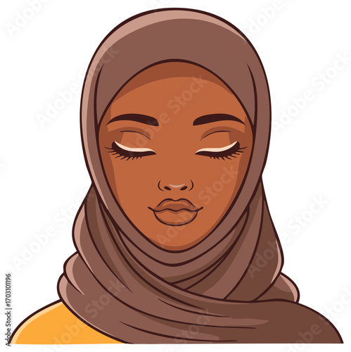 Serene Black woman in a brown hijab with closed eyes vector illustration