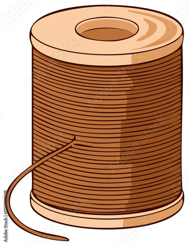 Illustration of a spool of brown thread wrapped around a core for sewing crafts and handmade projects
