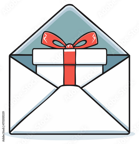 White Envelope Containing a Gift Box Tied with Red Ribbon and Bow Illustration