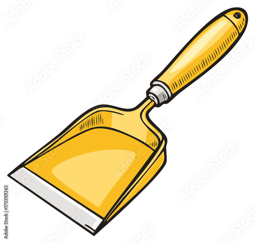 Cartoon illustration of a yellow dustpan for sweeping and cleaning, isolated.