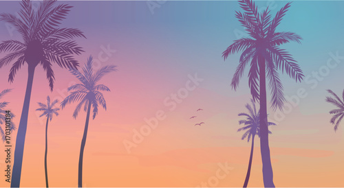 Concept 6 sunset with the palms tree on colourful background. Vector illustration	