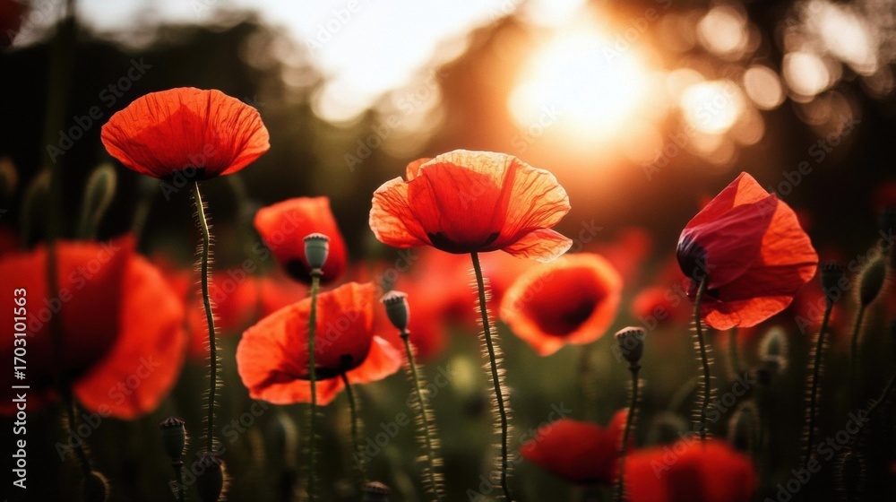 Obraz premium Beautiful landscape field red poppies sun shining through Remembrance day poppy