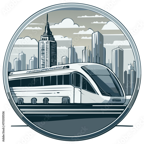Modern Train Passing Through Urban Cityscape With High-Rise Buildings, in a Circular Frame