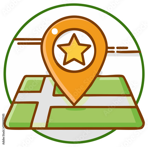 Stylized map pointer with star inside over a map outline in a circle