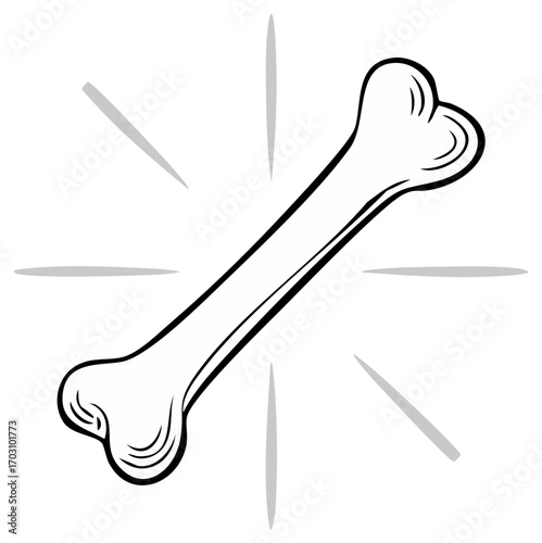 Graphic black and white illustration of a stylized dog bone with radiating lines