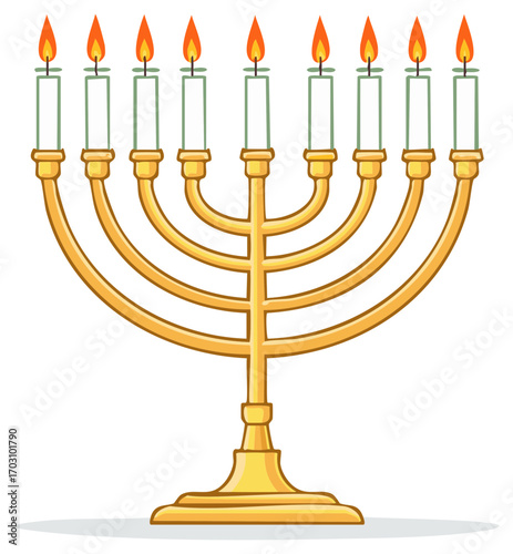 Golden Hanukkah menorah with nine lit candles, traditional Jewish holiday symbol illustration