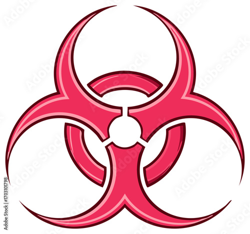 Stylized pink and red biohazard warning symbol. Vector graphic icon for danger, toxic waste, virus, and contamination.