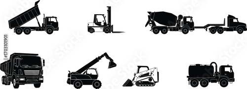 Heavy construction vehicles silhouettes: dump trucks, forklift, cement mixer, telescopic handler, skid steer loader, water tanker truck icons.