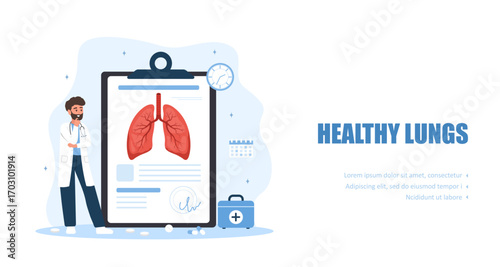 Pulmonologist concept. Lungs medical diagnosis and treatment. Respiratory system diseases and healthcare. Male doctor. Flat Vector illustration.