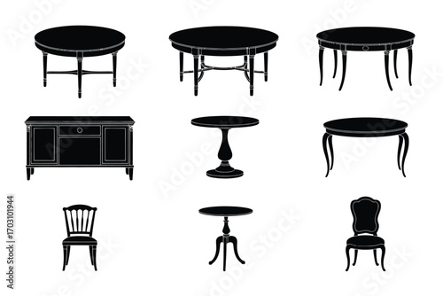 Black furniture silhouettes round tables chest chair chairs