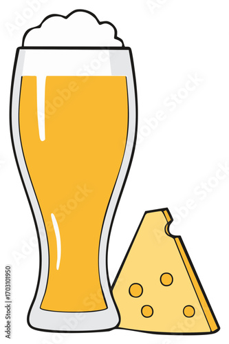 Refreshing Beer Glass with Foamy Head and Cheese Wedge with Holes Outlined in Black