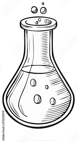 Line Art Science Experiment Bubbling Liquid in Lab Flask Illustration for Scientific Research or Chemical Reactions