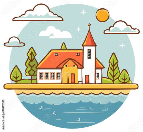 Cartoon illustration of a building, trees, sun, clouds, and water, nature scene.